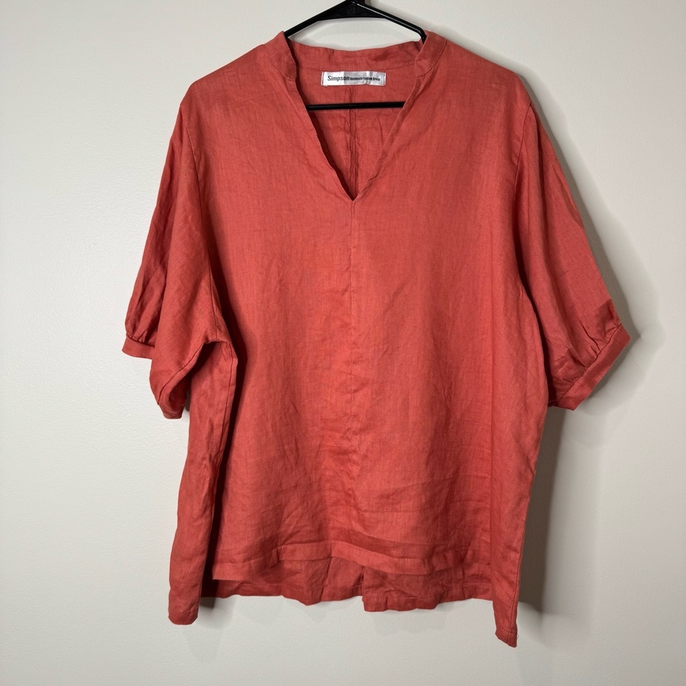 Simpson Handmade 100% Linen‎ V-neck Puff Sleeve Boho Oversized Blouse Top